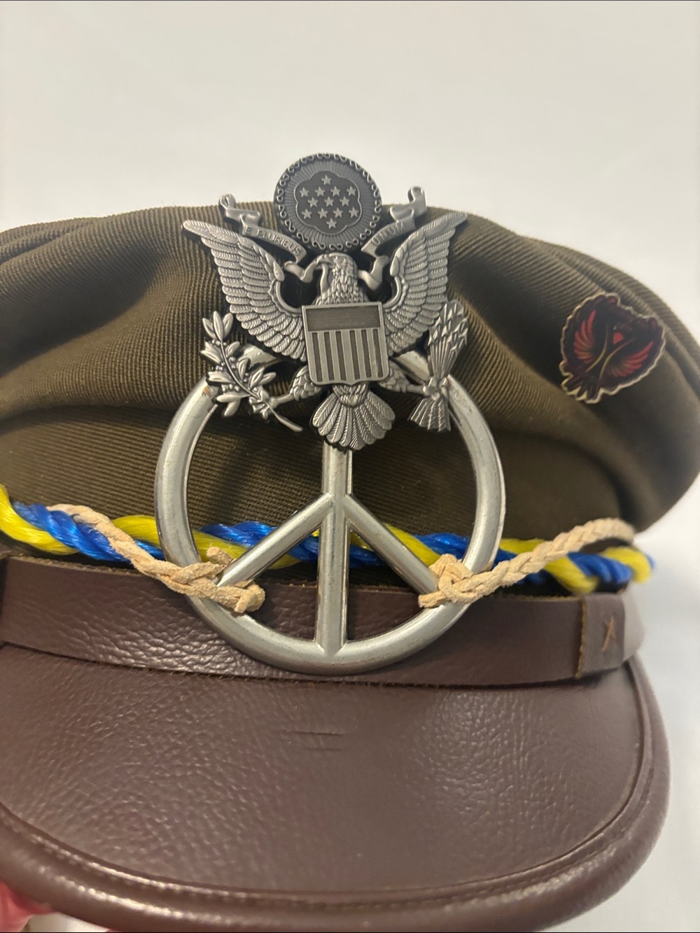 Burning Man custom Military Style Olive Green Peaked Cap w/Braided Trim Peace - Picture 2 of 11